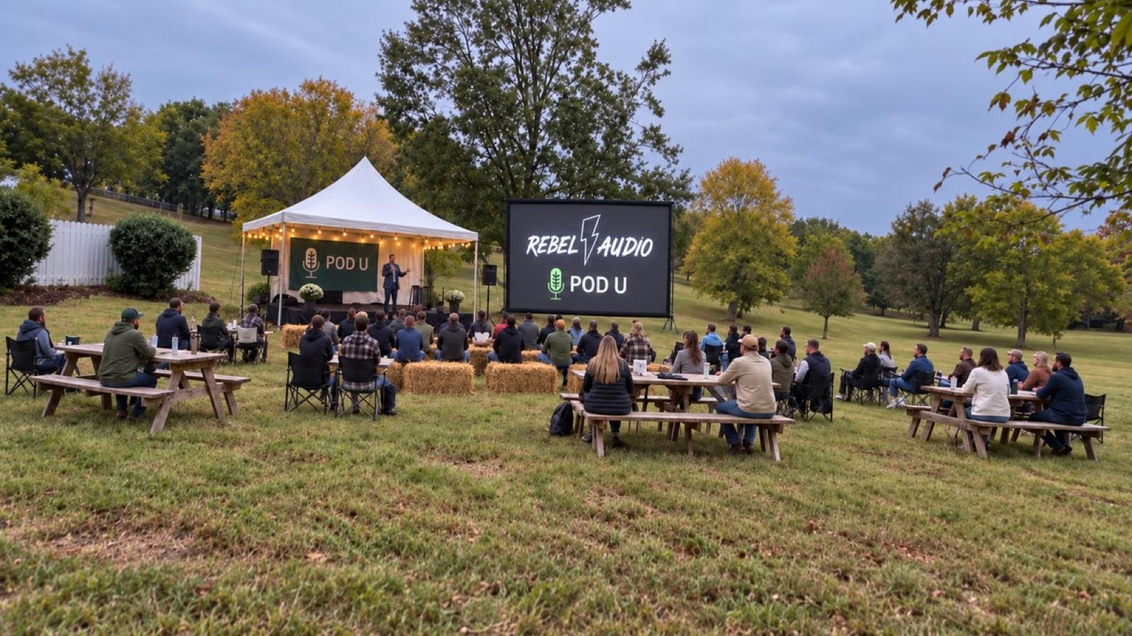 Creators on hay bales and picnic tables in front of the Pod U stage in Franklin, Tennessee