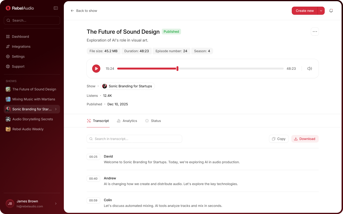 Auto transcripts product interface