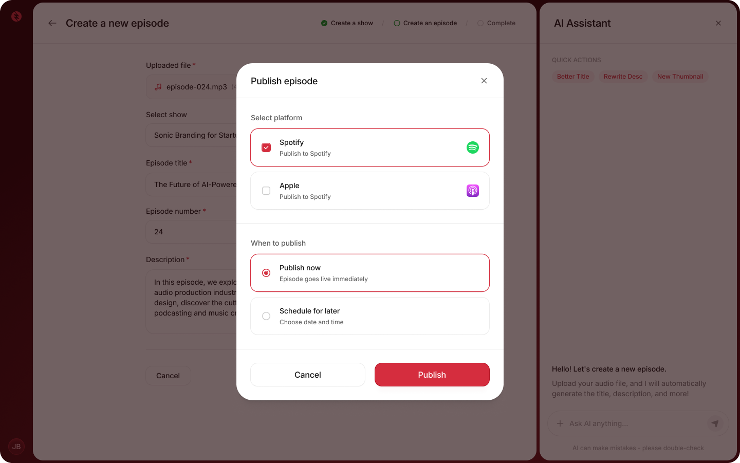 One-click publish product interface